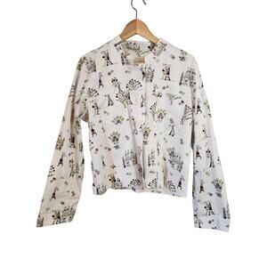 CHRISTOPHER & BANKS White Button Up Cotton Jacket Whimsical Print Size Large